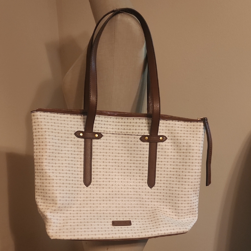 Fossil White and Brown Tote Bag with Leather Trim
